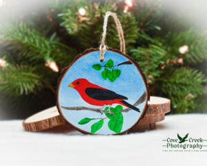Nature aesthetic Christmas ornament with a hand-painted scarlet tanager at Cove Creek Photography.